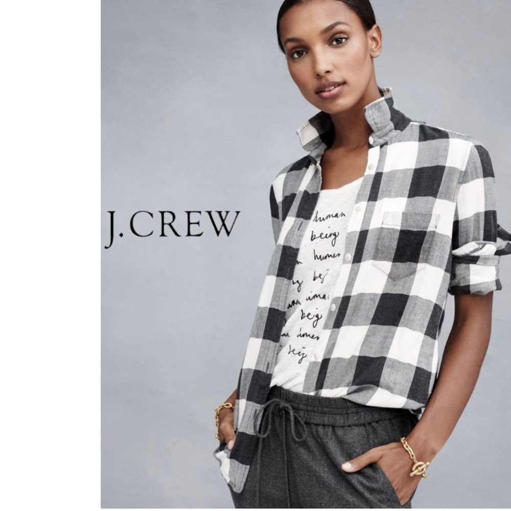J. Crew Black White Plaid Button Shirt 6 medium flannel boy fit cotton stretch